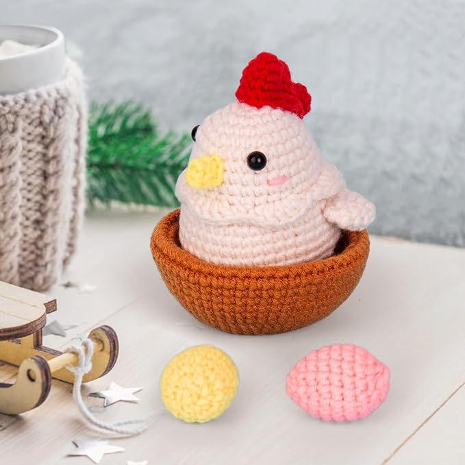 Crochetta Crochet Kit for Beginners, Crochet Starter Kit with Step-by-Step Video Tutorials, Crochet DIY Knitting Supplies for Adults Kids, Cute Hen Chicken with Eggs Crocheting Set(40%+ Yarn)