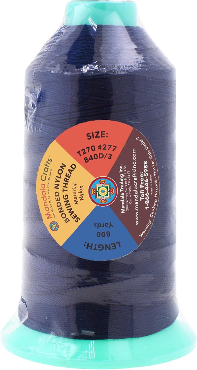 Mandala Crafts Bonded Nylon Thread Dark Blue Heavy Duty Sewing Threads - 800 YDs Size 277 840D T270 Tex 270 Thread for Leather Jeans Weaving Outdoor Marine Upholstery Threads