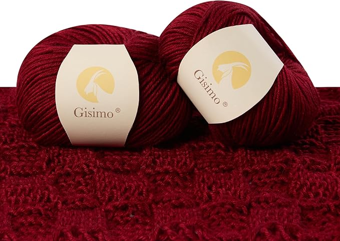 Merino Wool Yarn, 12-Ply Luxurious and Soft Yarn for Hand Knitting & Crocheting, 1.76 OZ/50g, 120 yds/110 Meters(Deep Red,2Balls)