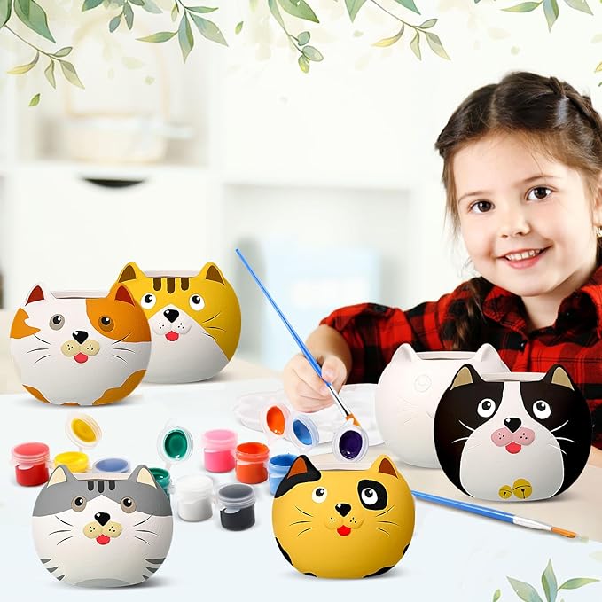 Pasimy 6 Set DIY Ceramic Succulent Planter Pots Paint Your Own Flower Pots Craft Kit Unpainted Bisque Paintable Flowerpot with Brush Palette Ready to Paint for Family Activity Gift(Cat)