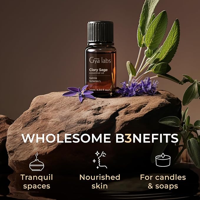 Gya Labs Clary Sage Essential Oil - 0.34 Fl Oz - for Hair, Skin, Diffuser, Aromatherapy & DIY Candle Making Scent