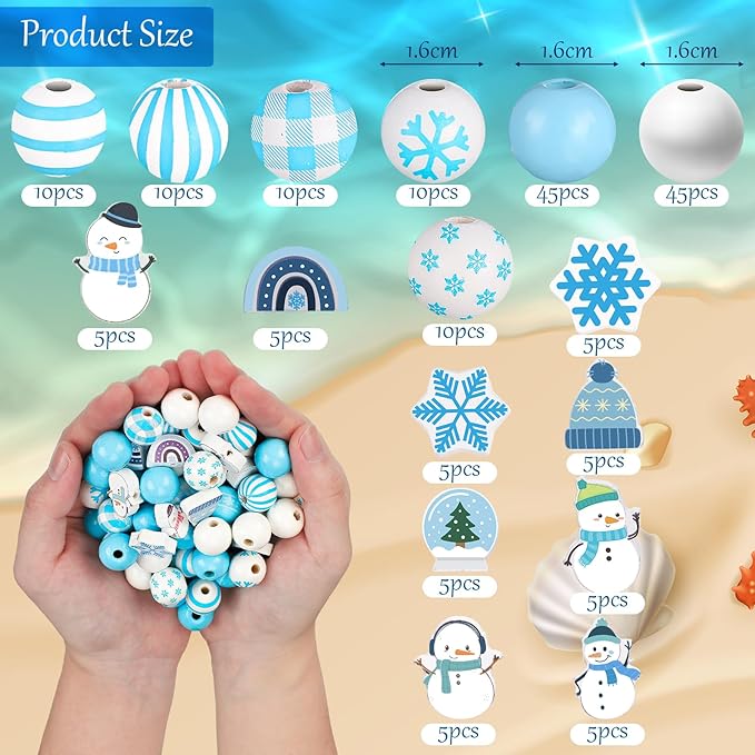 Huwena 200 Pcs Winter Wooden Snowflake Craft Beads Blue White Snowman Round Loose Spacer Beads with Holes for Christmas Winter Necklace Earring Jewelry Making Crafts DIY