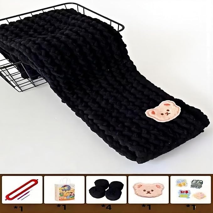 Ygakrkreit Warm Thick Scarf Knitting Kit - 4pcs Yarn + Knitting Tools + Bear Pattern Accessories, Adult DIY Craft Kit, Arts & Crafts Supplies, Ideal Handmade Gift (1 Set)(黑色)