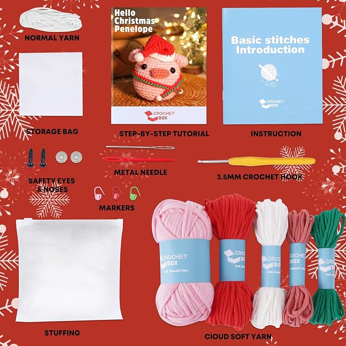 CrochetBox Crochet Kit for Beginners Adults - Christmas Pig Starters Crochet Kit, Beginners Crocheting Kitting for Adults Teen, Craft Gifts with Crochets Yarns, Hook, Step-by-Step Video, Instruction