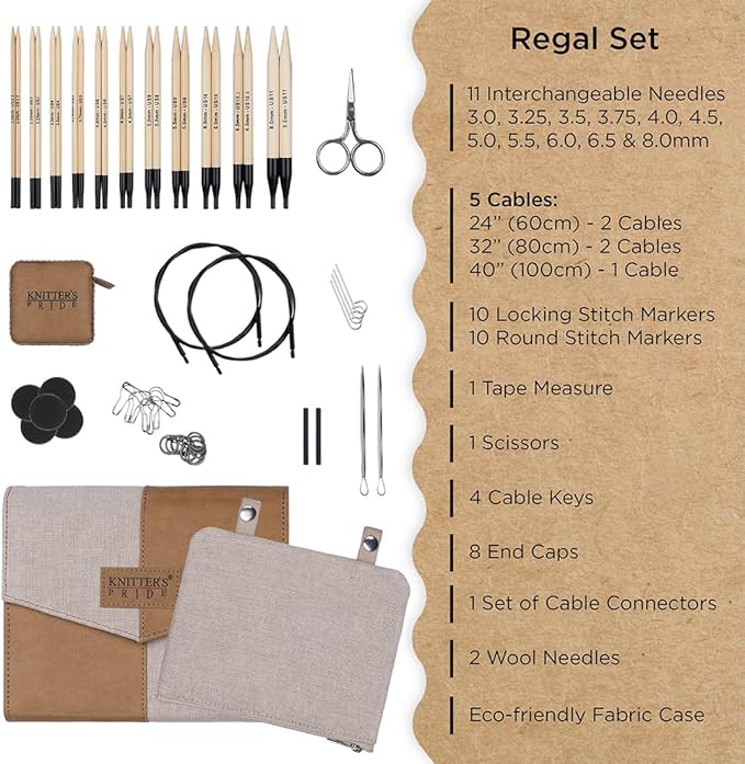 Knitter’s Pride Bamboo Luxe Regal Interchangeable Needle Set 5" (13cm) – 11 US Sizes (2.5 to 11)