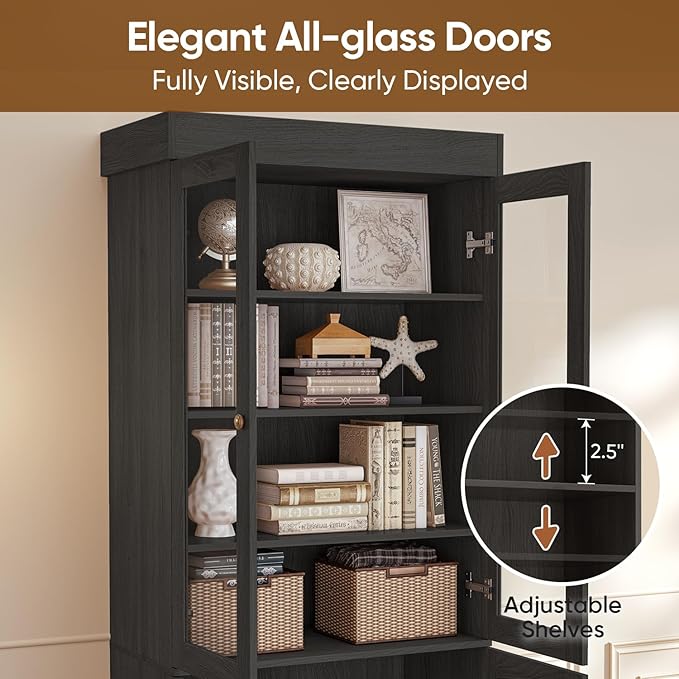 Vyre 71" Tall Farmhouse Bookshelves with Glass Doors, Set of 4 – Large Modular Bookcase with Adjustable Shelves, Storage Cabinet for Living Room, Kitchen, Home Office, Black