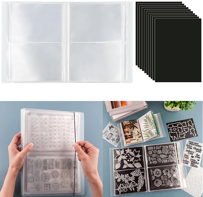 10 Pcs 0.3mm Magnet Sheets and 80 pockets/20 pages Storage Album for Stamp and Cutting Dies Storage Book Organizer Folder for Storage Die Cutting, DIY Scrapbooking Card Making Supplies (Clear)