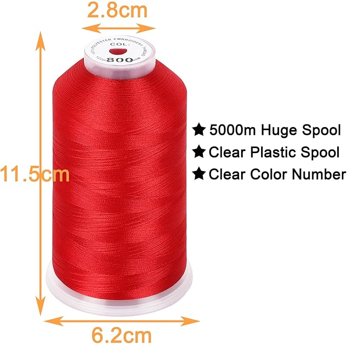 New brothread - Single Huge Spool 5000M Each Polyester Embroidery Machine Thread 40WT for Commercial and Domestic Machines - Red