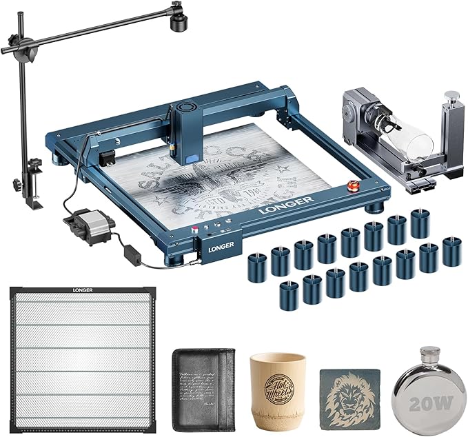 Longer B1 24000mW Laser Engraver with auto air Assist, Chuck jaw kit, 500mm Honeycomb Panel, Camera, and 16pcs raisers. Precise Cutting on Wood, Acrylic, and Stainless Steel.