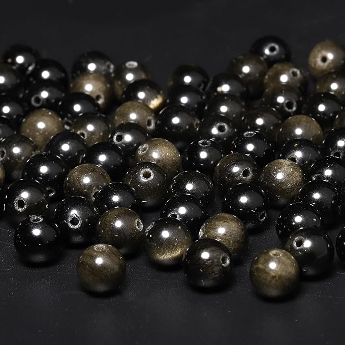 35pcs 10mm Natural Stone Beads Gold Obsidian Beads Crystal Gemstone for Jewelry Making, DIY Bracelet Necklace