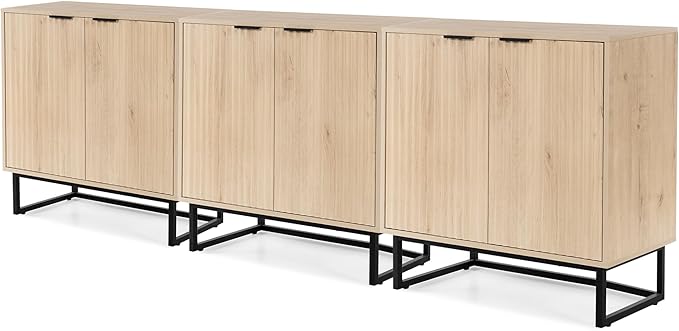 Fluted Storage Cabinet Set of 3,Sideboard Buffet Cabinet with Adjustable Shelves,Multifunctional Console Table with Storage Credenza Accent Cabinet for Living Room, Dining Room, Light Oak