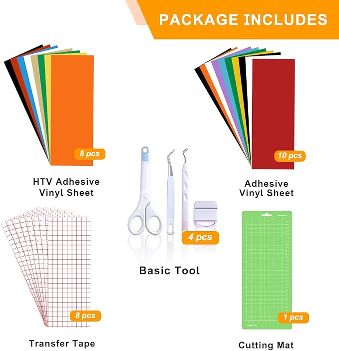 The Accessories Bundle for Cutting Joy Machines, Accessories and Supplies Include Heat Transfer Vinyl, Adhesive Vinyl, Cutting Mat and Weeding Tools for Crafting Starter