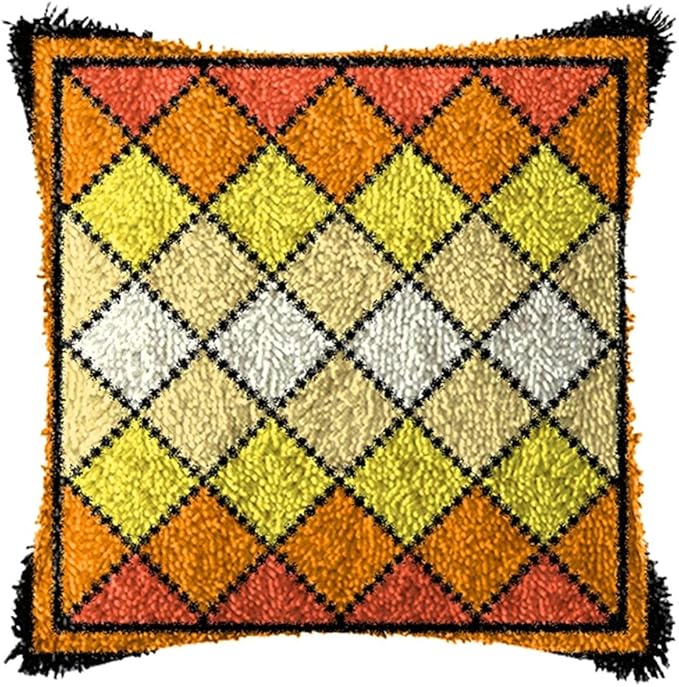 DIY Latch Hook Kits Throw PillowCheckered Cover Rug Pattern Color Printed Canvas 16X16 inch, Crochet Needlework Crafts for Kids and Adults