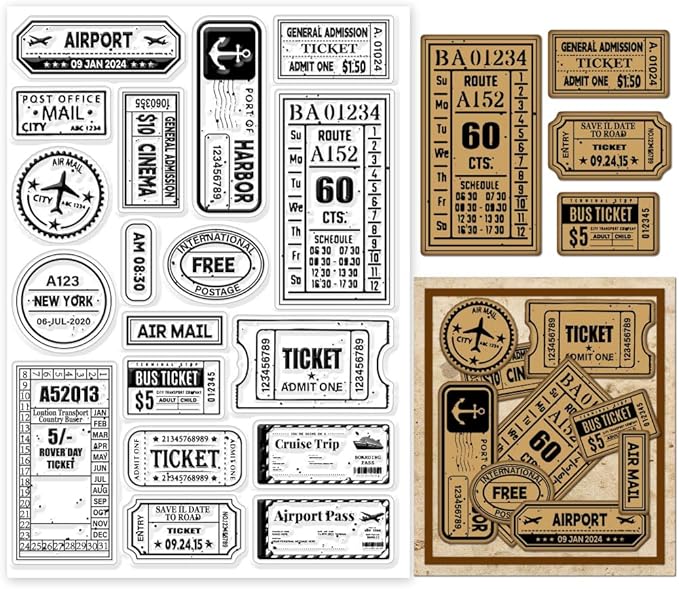 GLOBLELAND Vintage Travel Tickets Clear Stamps for Cards Making Retro Journey Postage Clear Stamp Seals 5.83x8.27inch Transparent Stamps for DIY Scrapbooking Photo Album Journal Home Decoration