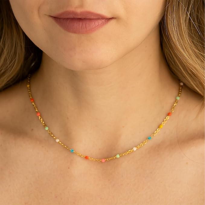 16.4 Feet Gold Plated Stainless Steel Chains Bulk Colorful Enamel Bead Chain Roll for Jewelry Making Thin Cable Link with Findings for DIY Craft