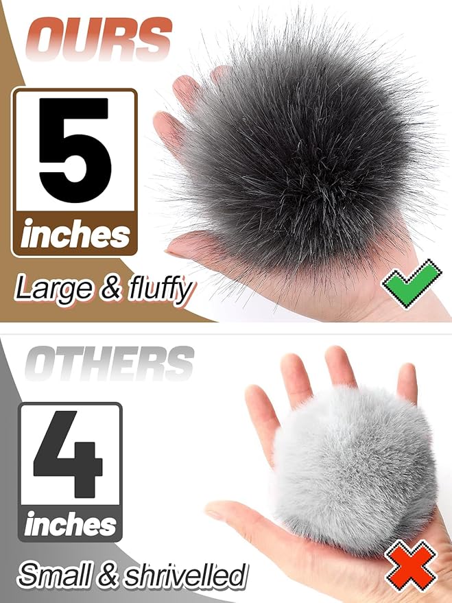 5in Large Fluffy Pom Poms Crochet Accessories - 10pcs Faux Fur Pompom Balls Knitting Accessories for Hats, Beanies, Shoes, Scarves, Gloves, Bags, Keychains Charms (Black/Brown/Grey/Pink)