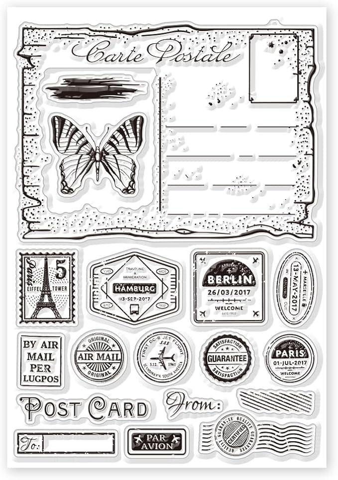 GLOBLELAND Vintage Decor Letters Postcards Clear Stamps for DIY Scrapbooking Retro Stamp Elements Silicone Stamp Seals Transparent Stamp for Cards Making Photo Album Journal Decoration 8.27×5.83inch