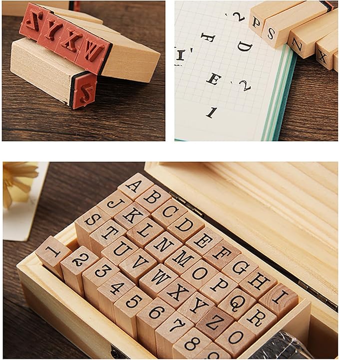 36Pcs Wooden Rubber Stamps Number Letter Alphabet Stamps Mini Cute DIY Stamps Set for Craft Decorating Scrapbooking and Wedding Invitation Cards (36pcs B)