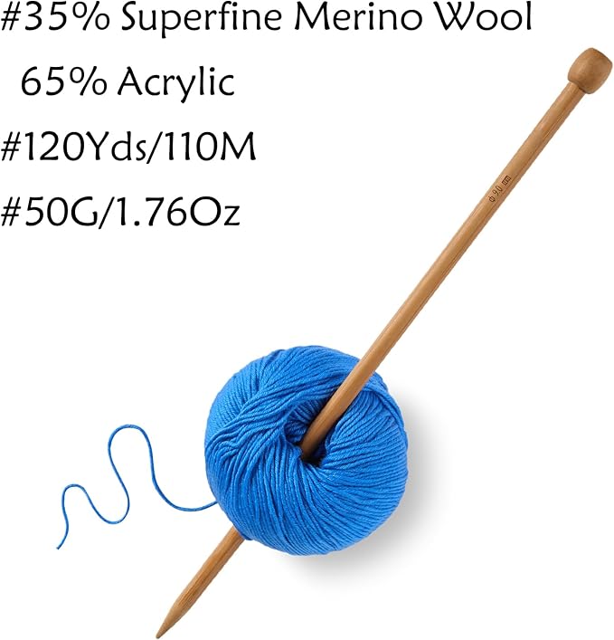 2 Balls Merino Wool Yarn, 12-Ply Luxurious and Soft Yarn for Hand Knitting & Crocheting, 1.76 OZ/50g, 120 yds/110 Meters(Blue,2Balls)