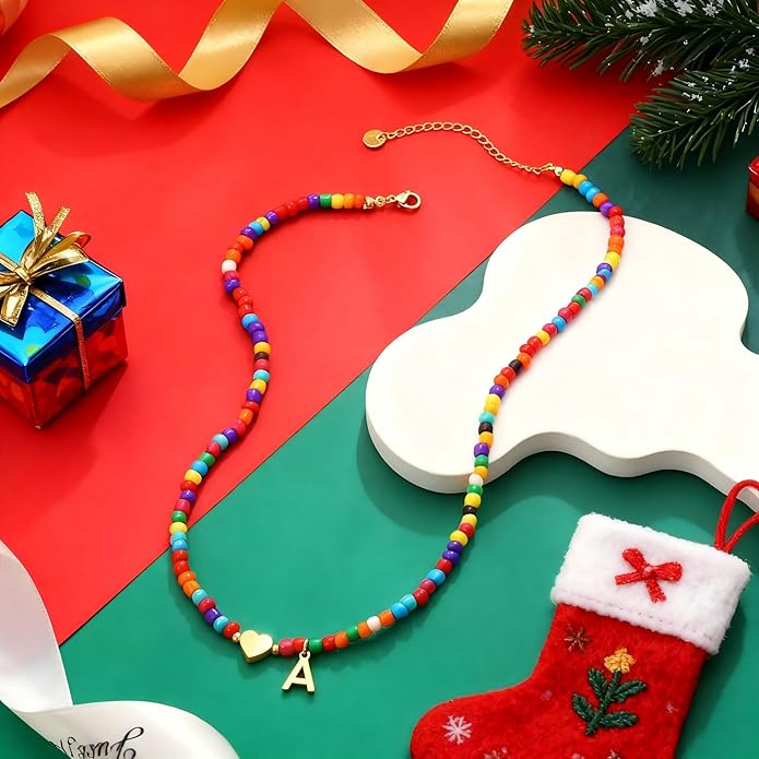 Christmas Gifts for Grandkids Teens Girls - Colorful Beaded Initial Necklace Teen Girl Gifts Trendy Stuff Dainty Letter Choker Necklace Stocking Stuffers for Teen Girls Women Jewelry