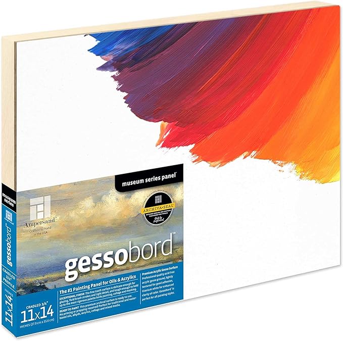 Ampersand Art Supply Gesso Wood Painting Panel: Museum Series Gessobord, 11" x 14", 3/4" Cradled Profile