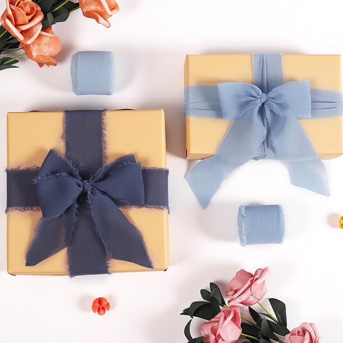3 Rolls Gray Blue Handmade Fringe Chiffon Ribbon 1.5 Inch x 7 Yard Silk-Like Colorful Rustic Ribbon for Bouquets Wrapping Decor Wedding Invitation Accessories