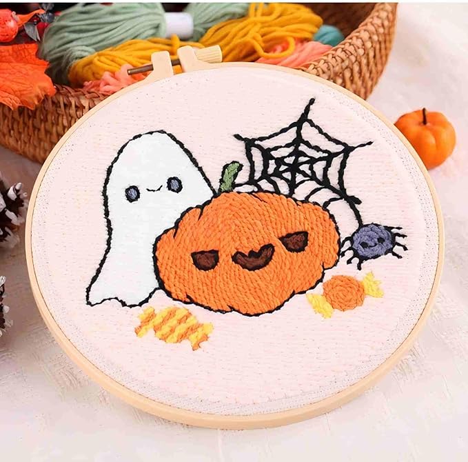 DCCQ Punch Needle Kits Adults Beginner，Cute Cartoon Pumpkin Pattern with Hoop Embroidery Punch Needle Starter Craft Set Easy for Adults，Children and Halloween Gifts、Decoration
