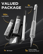 0.5mm Mechanical Pencil with Metal Gift Case, 1PCs Metal Mechanical Pencil with 120PCS HB Lead Refills,4B Erasers and 9PCS Eraser Refills, for Writing Drafting Drawing and Sketching(Silver)