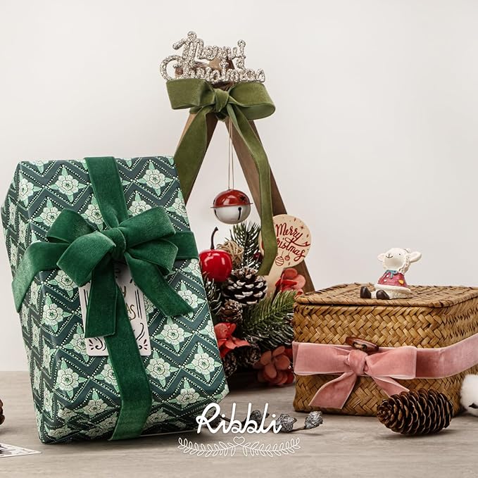 Ribbli Polyester Forest Green Velvet Ribbon,1 Inches,10-Yard Spool,Use for Choker,Gift Wrapping,Floral Bouquets, Boutonnieres