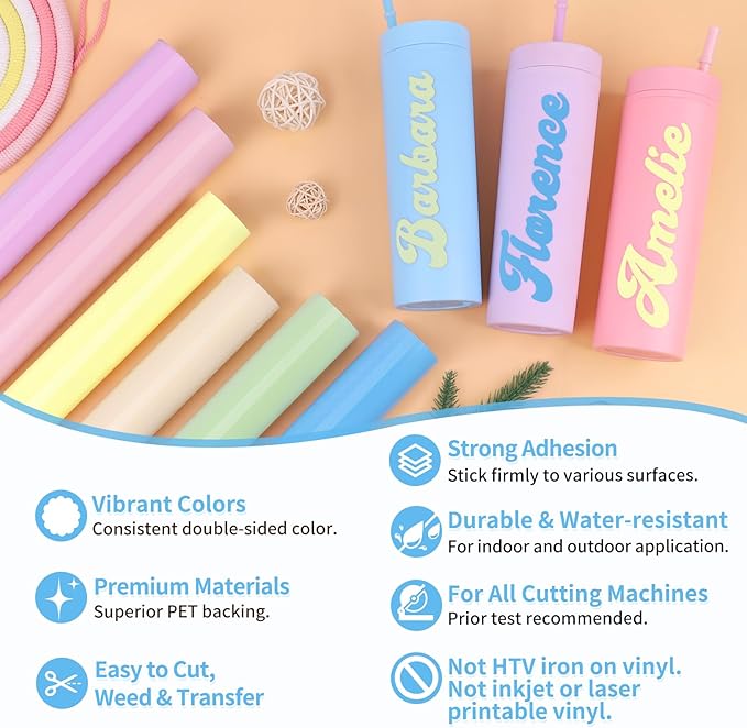 TECKWRAP Permanent Vinyl Boho, 12" x 5ft Permanent Adhesive Vinyl Pastel, 6 Rolls for Cricut, Silhouette, Cameo Cutters, Signs, Scrap-Booking, Craft for Indoor & Outdoor Decal, Light Color