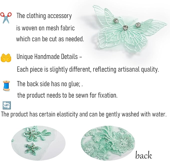 Flower Pearl Fabric Rhinestones Beaded Lace Applique,3D Butterfly Embroidered Lace Patch for Clothes,Dress (Green)
