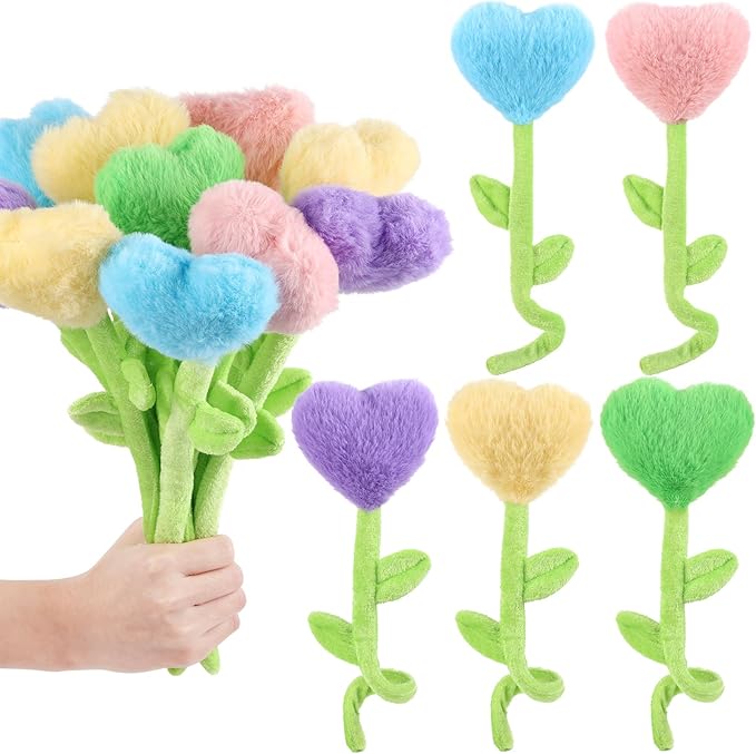 10 Pcs Plush Heart Floral Stuffed Bendable Stems Plush Bouquet Toy Soft Rose Flower 12.6 Inch for Christmas Classroom 2025 Mother's Day Valentines Day Girl Girlfriend Wife(10 Pcs Colorful Heart)