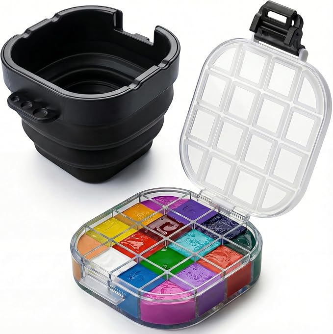 16-Well Empty Paint Organizer with Airtight Preservation, Each Cell Holds Up to 8ml of Paint Color for Easy Transportation, Small Lid Palette for Watercolor Gouache Acrylic Paint (Black)