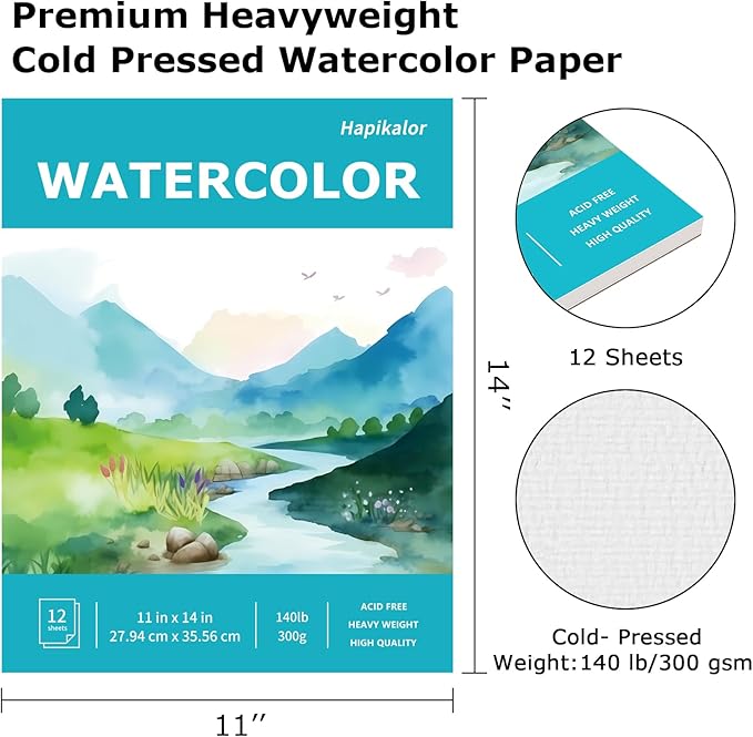 Hapikalor 11"x14" Watercolor Paper Pad, 2-Pack, 140lb/300gsm Artist Painting Drawing Paper Book, Art Supplies for Adults Kids, Watercolors, Watercolor Paint Set, Sketchbook, Journal, Teal