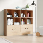 Cozy Castle Oak Wood Bookcase, 12 Cube Storage Organizer Shelf with 4 Doors, 3 Tier Storage Cabinet with Anti-Tilt Device for Bedroom, Living Room, Office