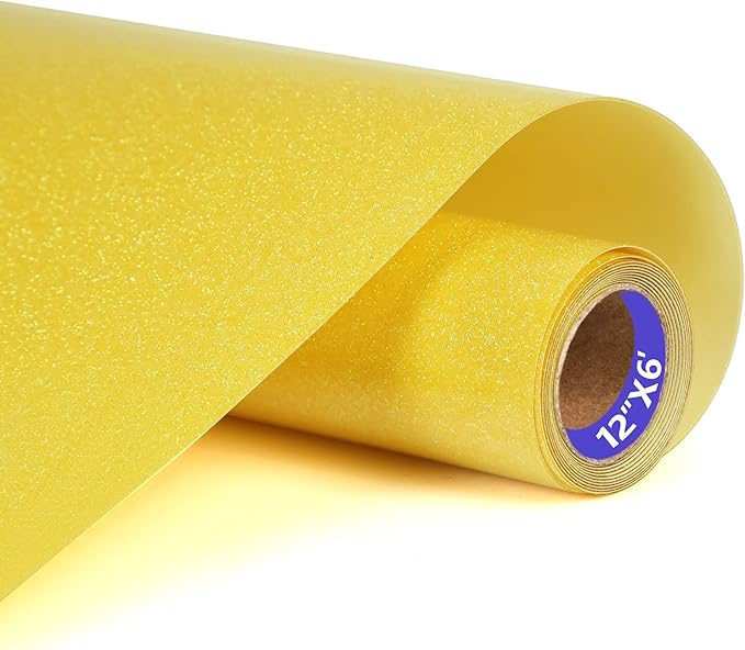 Yellow Glitter HTV Heat Transfer Vinyl Rolls 12inch by 6feet PU Stretch Iron on Vinyl HTV Vinyl for T-Shirt for Silhouette and Cameo(6Ft, Z1-Glitter Yellow)