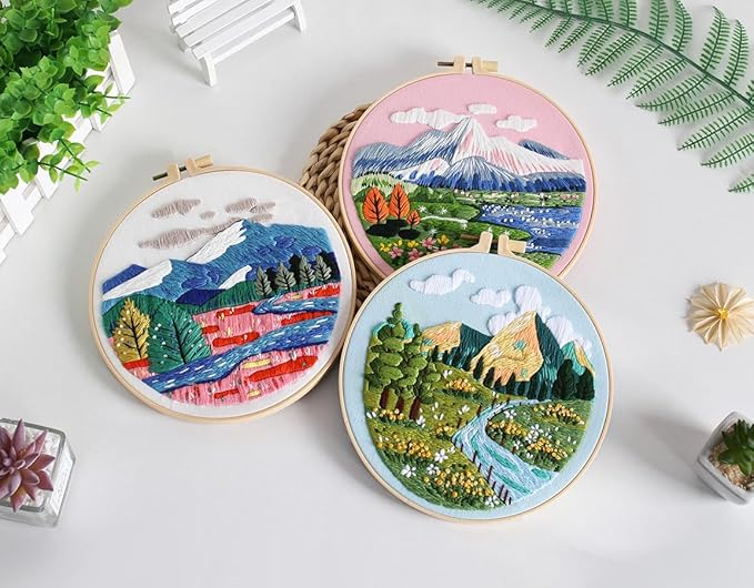 Konrisa 3 Pcs Landscape Embroidery Kits, Mountain Flower Village Pattern Cross Stitch Kit, DIY Sewing Practice Kits for Adults Home Decoration,Include Embroidery Cloth Threads and Needles,1pc Hoops