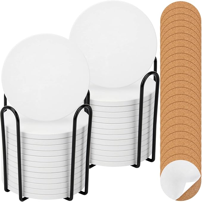 24 Pack Ceramic Tiles for Crafts with 2 Holders, White Unglazed Blank Ceramic Costers with Self-Adhesive Cork Backing Pads for Acrylic Pouring, Painting, Make Your Own DIY Coasters (Round)