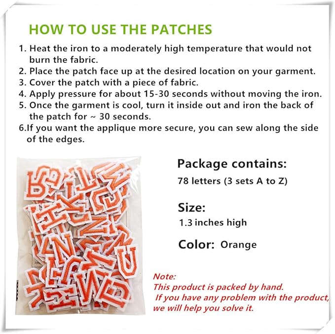 1.3 inch Iron on Letter Patches 78 Pieces, A-Z Embroidered Alphabet Patches for Clothing Jackets Hats Backpacks Jeans Orange