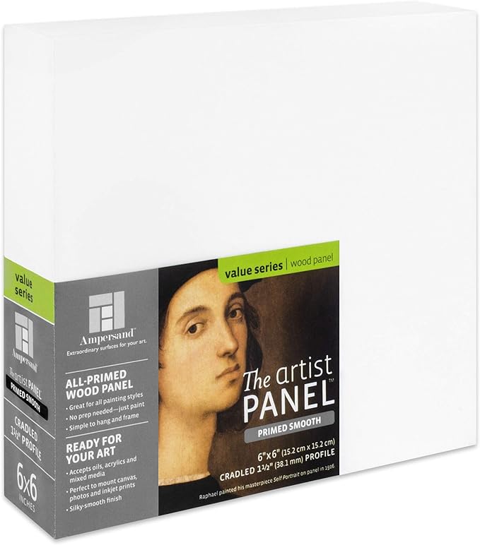 Ampersand Art Supply Wood Gesso Artist Painting Panel: Primed Smooth, 6" x 6", 1-1/2" Cradled Profile