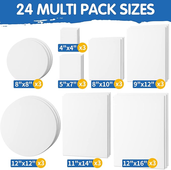 FIXSMITH 24 Pack Stretched Canvases, Multi Pack - 4x4, 5x7, 8x10, 9x12, 11x14, 12x16, Round Canvas 12x12, 8x8 (3 of Each), 100% Cotton, Primed Canvases for Acrylic, Oil, Wet or Dry Art Media…