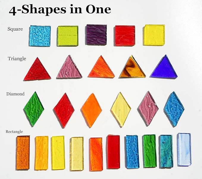 Lanyani Extra Large Size Transparent Textured Stained Glass Mosaic Tiles for DIY Craft, Colorful Bright Cathedral Glass Tile for Mosaic, 4-Shapes Mixed Mosaic Pieces Bulk Arts,1.3 Pound/200 Pieces