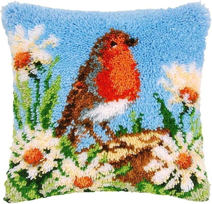 Latch Hook Kit for Adults & Kids- Bird Pattern 43x43cm, Complete DIY Cushion Making Craft Kits with Yarn & Canvas and Crochet Needle, Latch Hook Pillow Cover Adult Craft Kits Home Decor for Women