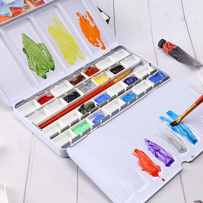 LOONENG Empty Watercolor Palette, Empty Watercolor Tin with Fold Out Palette, Large Colorful Watercolor Tray Palette with 28 Empty Full Pans for Plein Air Painting and Sketching