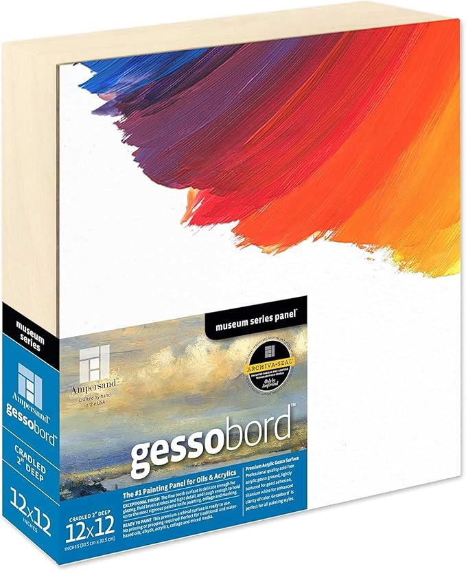 Ampersand Art Supply Gesso Wood Painting Panel: Museum Series Gessobord, 9" x 12", 2" Cradled Profile