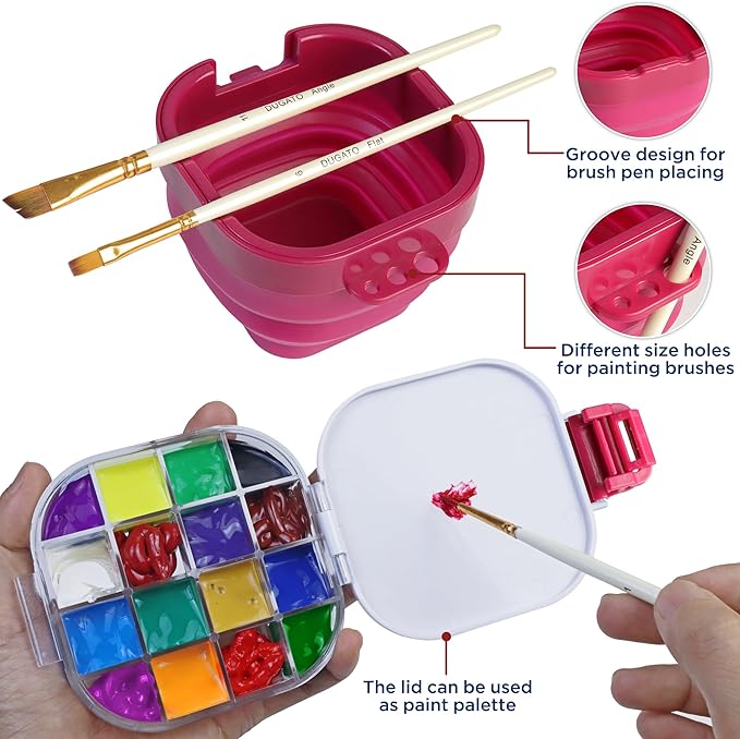Mini Paint Storage Box 5.1 x 4.2 inches, 16-Well with Airtight Seal for Prevent Leakage Spills, Include Convenient Lid and Palette Storing Gouache, Acrylic, Watercolor Oil Paint (Pink)