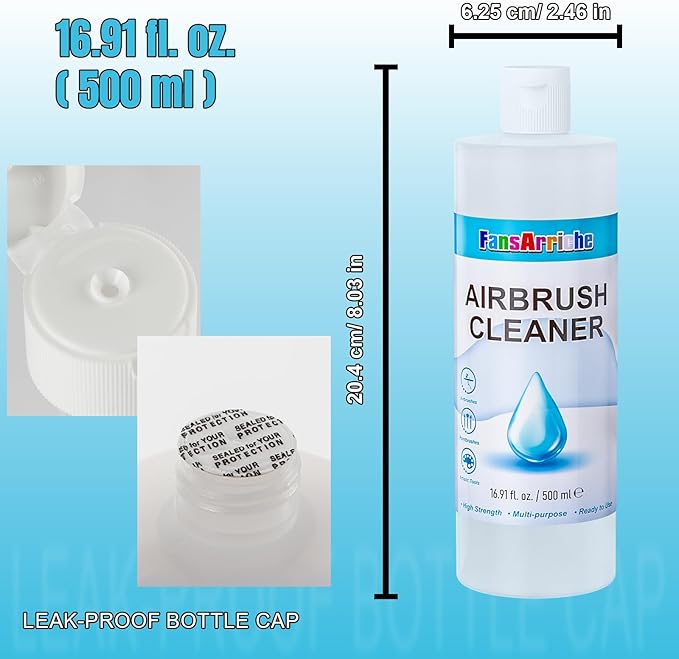 FansArriche Airbrush Cleaner, 16.91 Oz Air Brush Cleaning Solution for Water-Based Acrylic Color Paints, Quickly Clean Clogged Airbrushes, Paint Brushes, Art Tools