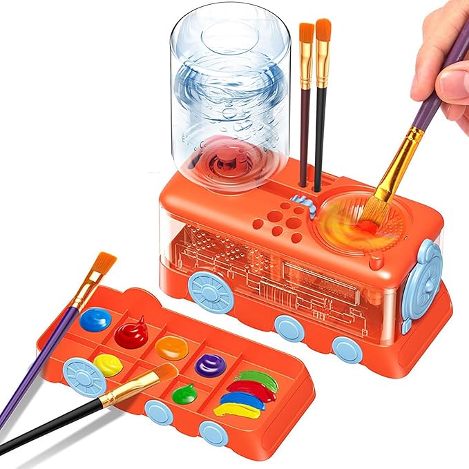 Paint Brush Cleaner with Paint Tray, Water Circulation Brush Rinser with Brush Holder, Watercolor/Oil and Water-Based Paint Brush Cleaner Tool, 400ml Capacity, Train Design, Gift for Artist Beginners