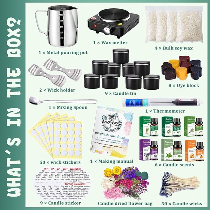 FAIRYELF Candle Making Kit with Wax Melter, Complete Candle Making Supplies, Soy Candle Wax Kit for Kids, Beginners, Adults, Including Electronic Stove, Soy Wax, Melting Pot, Rich Scents and Dyes