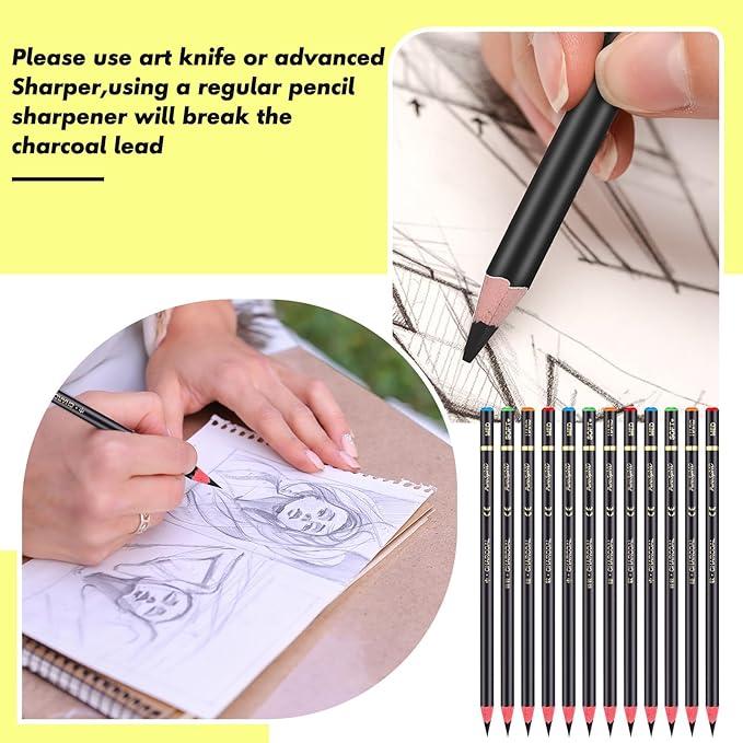 100 Pcs Charcoal Pencils Drawing Set, Charcoal Pencils bulk for Drawing Sketching Shading Blending Portrait Beginners and Artists(Black,Super Soft, Soft, Medium and Hard)